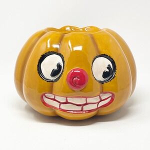 Victorian Trading Co Pumpkin Bowl Large Orange Excellent Vintage Clown Face 6.5"